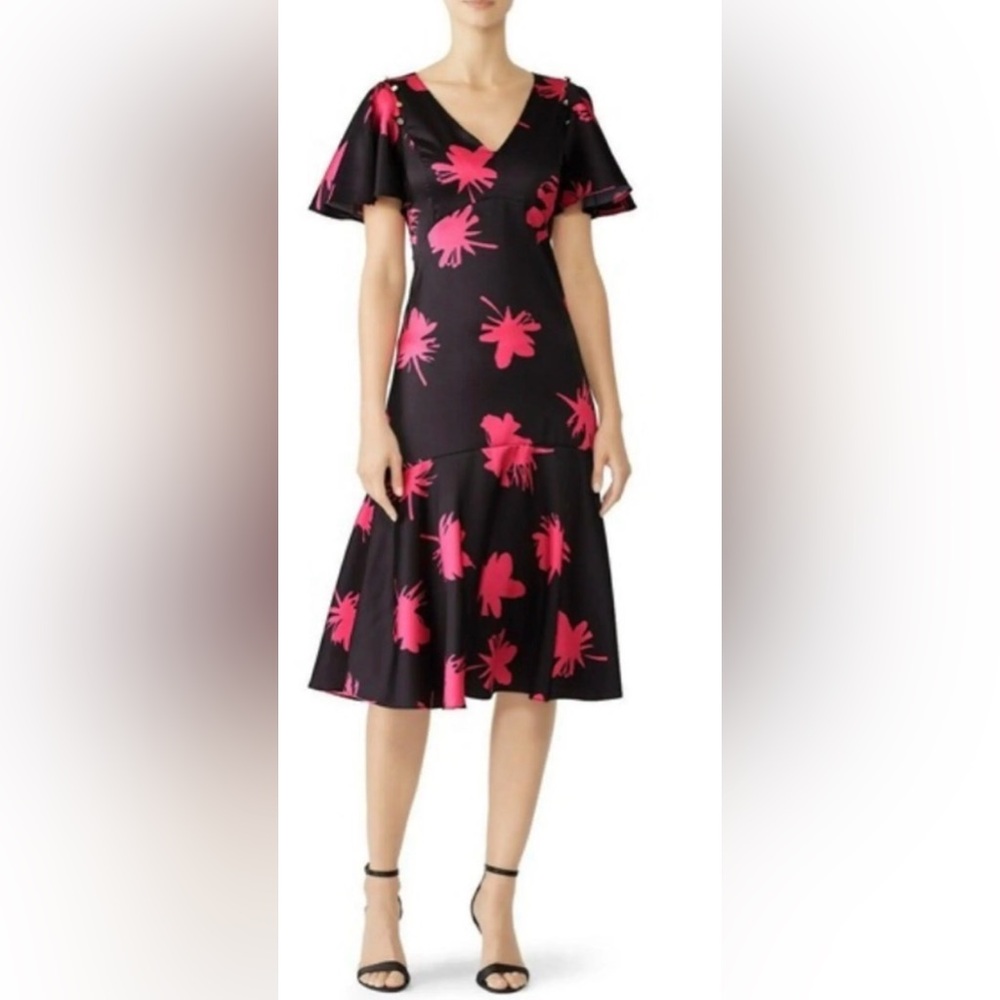 Prabal Gurung Floral Midi Dress. Ruffled short sleeve & hem. Black and pink. 12
